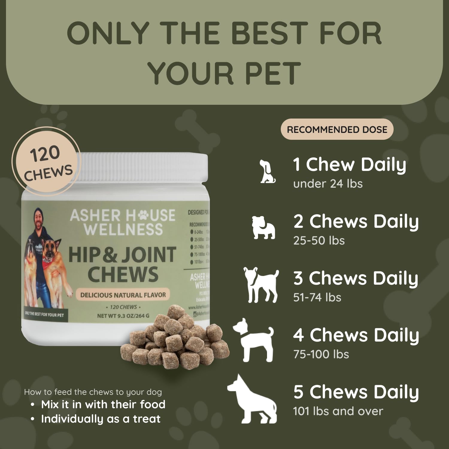 Asher House Wellness Hip and Joint Supplement for Dogs - Natural Soft Chew with MSM, Chondroitin, Glucosamine, Vitamins - Promotes Joint Health & Pain Relief Senior & All Dog Breeds, Large, 120 Chews