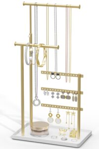 susswiff jewelry holder organizer stand - adjustable tall 17.5" (max), sturdy jewelry hanger for necklaces, earrings, bracelets, rings, jewlery display and storage, gold and white, metal