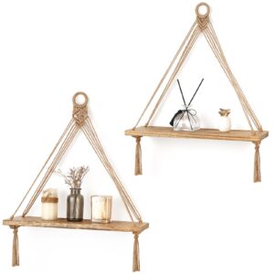 dahey macrame hanging shelf boho wall decor 2 pack rustic wood floating shelves for nursery bedroom bathroom living room college dorm room storage display shelves for hanging plants photos