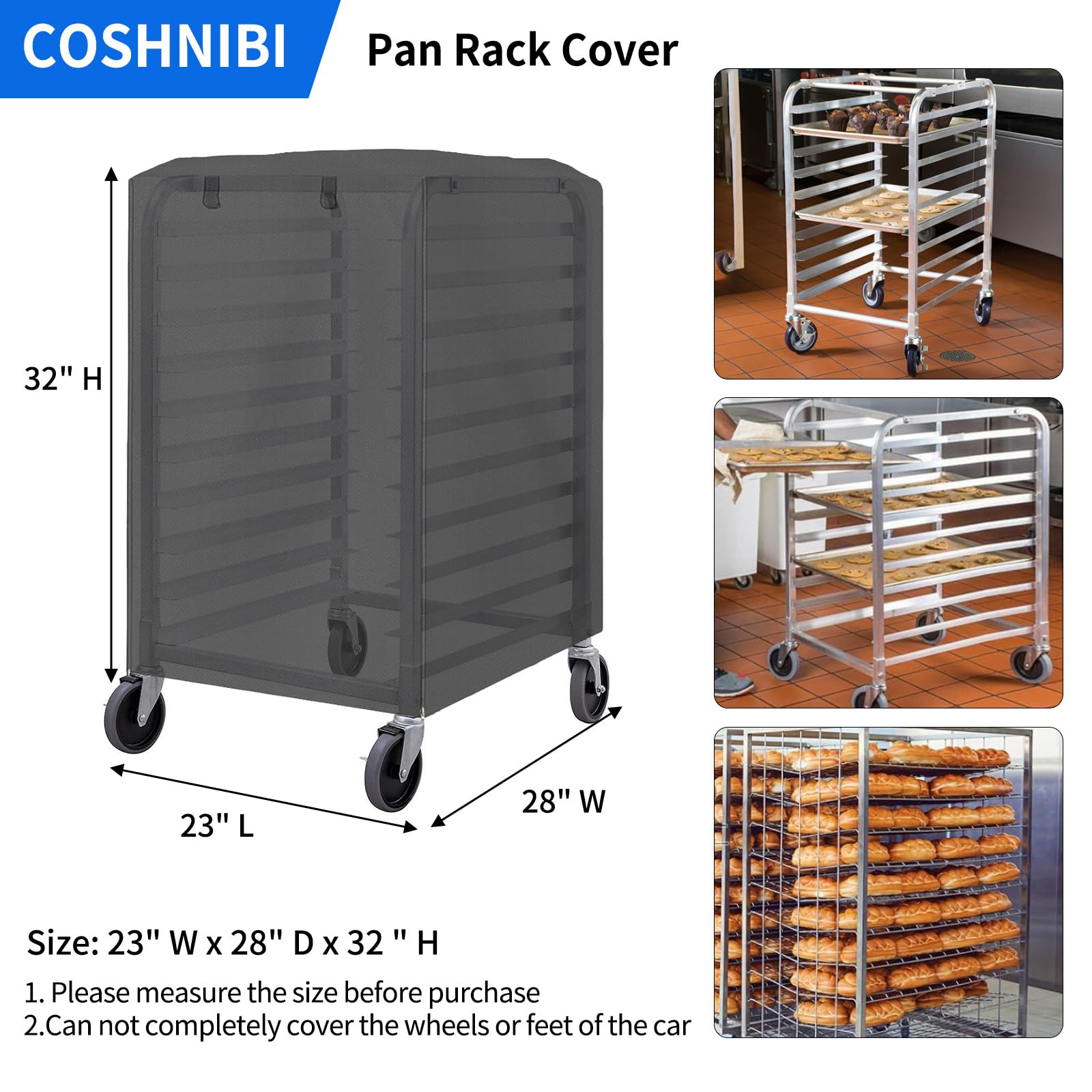 COSHNIBI Pan Bun Rack Cover, 420D Waterproof and Dust Resistant with Zipper Pan Rack Cover, Suitable for Commercial Bread Racks - 23" W x 28" L x 32" H,Black