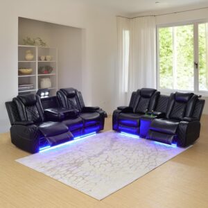 AYCP Multifunction Power Air Leather Recliner Sofa Set with LED Lights, Living Room Furniture, Reclining Sofa, loveseat, Chair with USB Port/Storage (Black, Sofa+Loveseat)