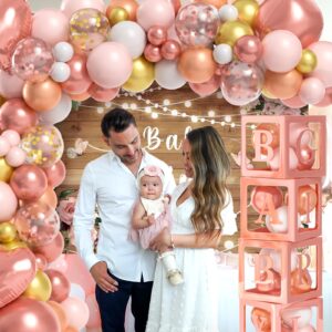 Winrayk Floral Baby Shower Decorations for Girl, Baby Boxes with Letters, Rose Gold Pink Balloon Arch Backdrop Tablecloth Heart Foil Balloon, Birthday Party Decor Girl Baby Shower Decorations