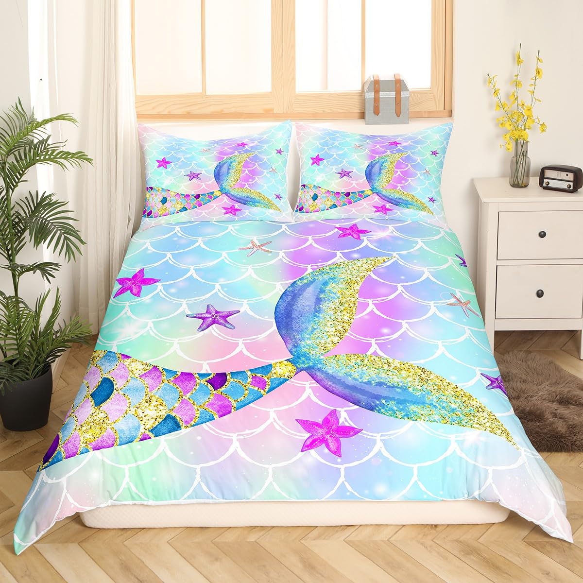 Erosebridal Rainbow Mermaid Comforter Cover Mermaid Tail Duvet Cover Girls Fish Scales Bedding Set Ocean Life Underwater Starfish Seashell Print Quilt Cover with 1 Pillowcase, Twin