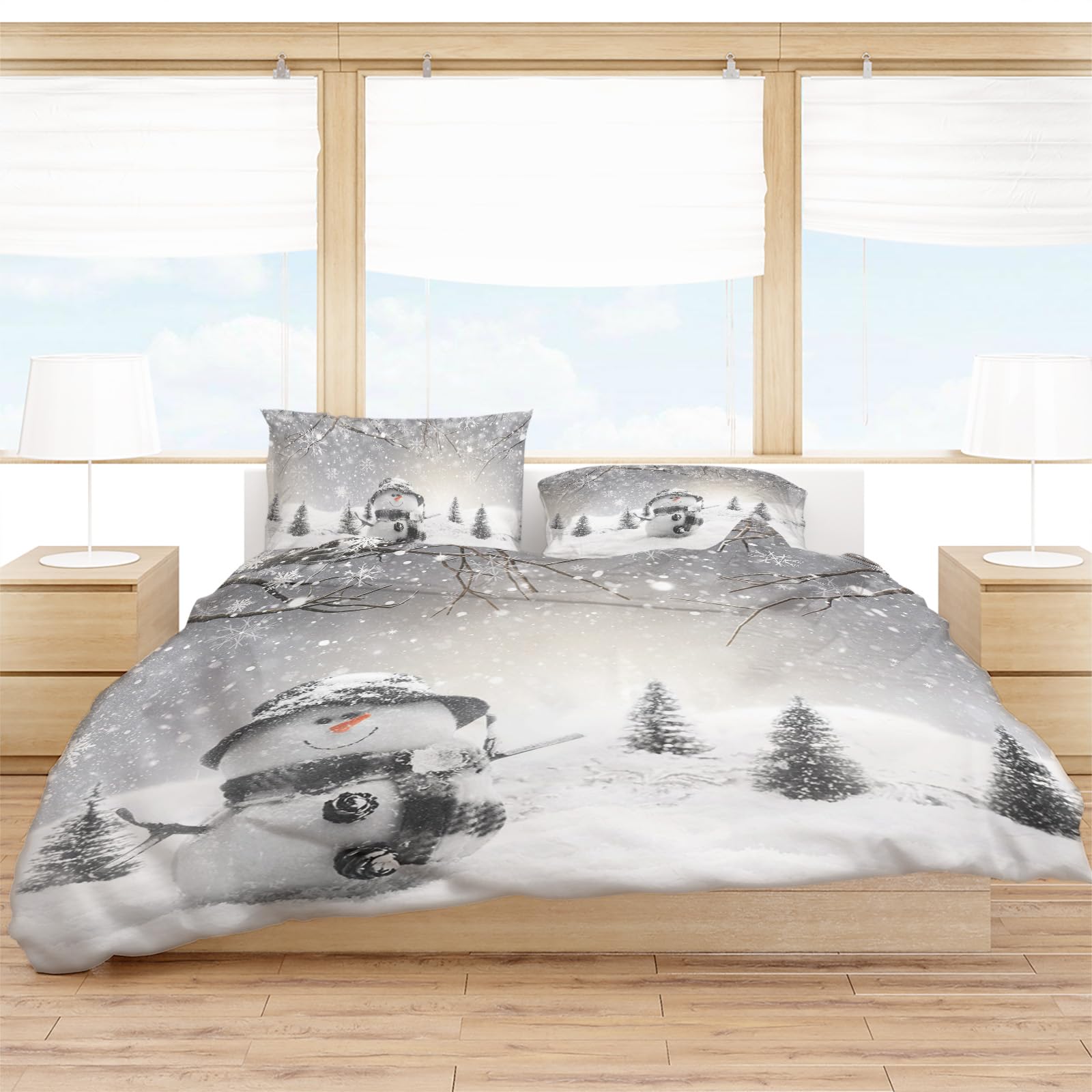 Debedcor Grey Snowman Christmas Bedding Cal. King Comforter Covers Sets, Gray Winter Snowflake Branch 4 Piece Duvet Cover Set Lightweight Microfiber Soft Bedding Set for Adult Teen, Xmas Forest Snow