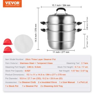 VEVOR Steamer Pot 11in/28cm, 3 Tier Steamer Pot for Cooking with 8.5QT Stock Pot, Vegetable Steamer & 2 Steaming Tray, Food-Grade 304 Stainless Steel Food Steamer Cookware for Gas Electric Stove Grill