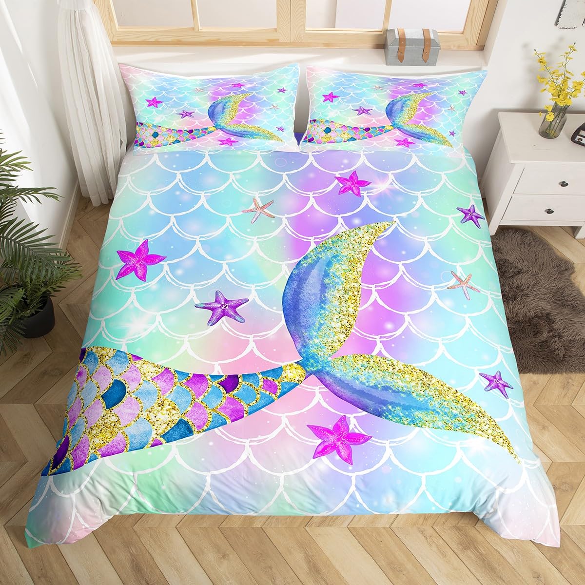 Erosebridal Rainbow Mermaid Comforter Cover Mermaid Tail Duvet Cover Girls Fish Scales Bedding Set Ocean Life Underwater Starfish Seashell Print Quilt Cover with 1 Pillowcase, Twin