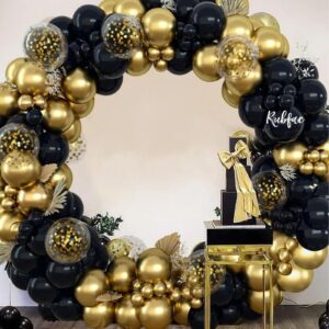 RUBFAC 65pcs 12 Inches Black Gold Balloons Kit, Black and Gold Confetti Balloons with Ribbons for Birthday, Wedding, Baby Shower, Graduation Decorations