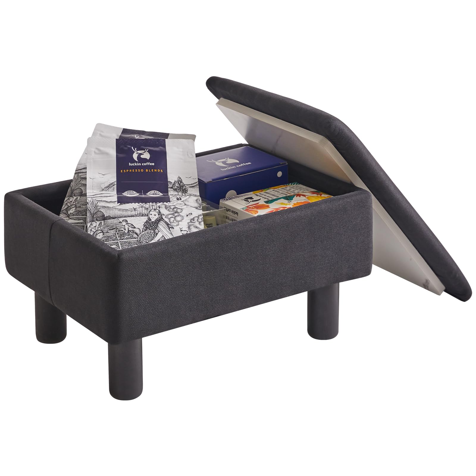 IBUYKE Storage Ottoman Footrest Stool with Linen Fabric, Rectangular, Flip Top Lid, Non-Slip Feet, Compact Design, Stylish and Functional, Black RF-BD220