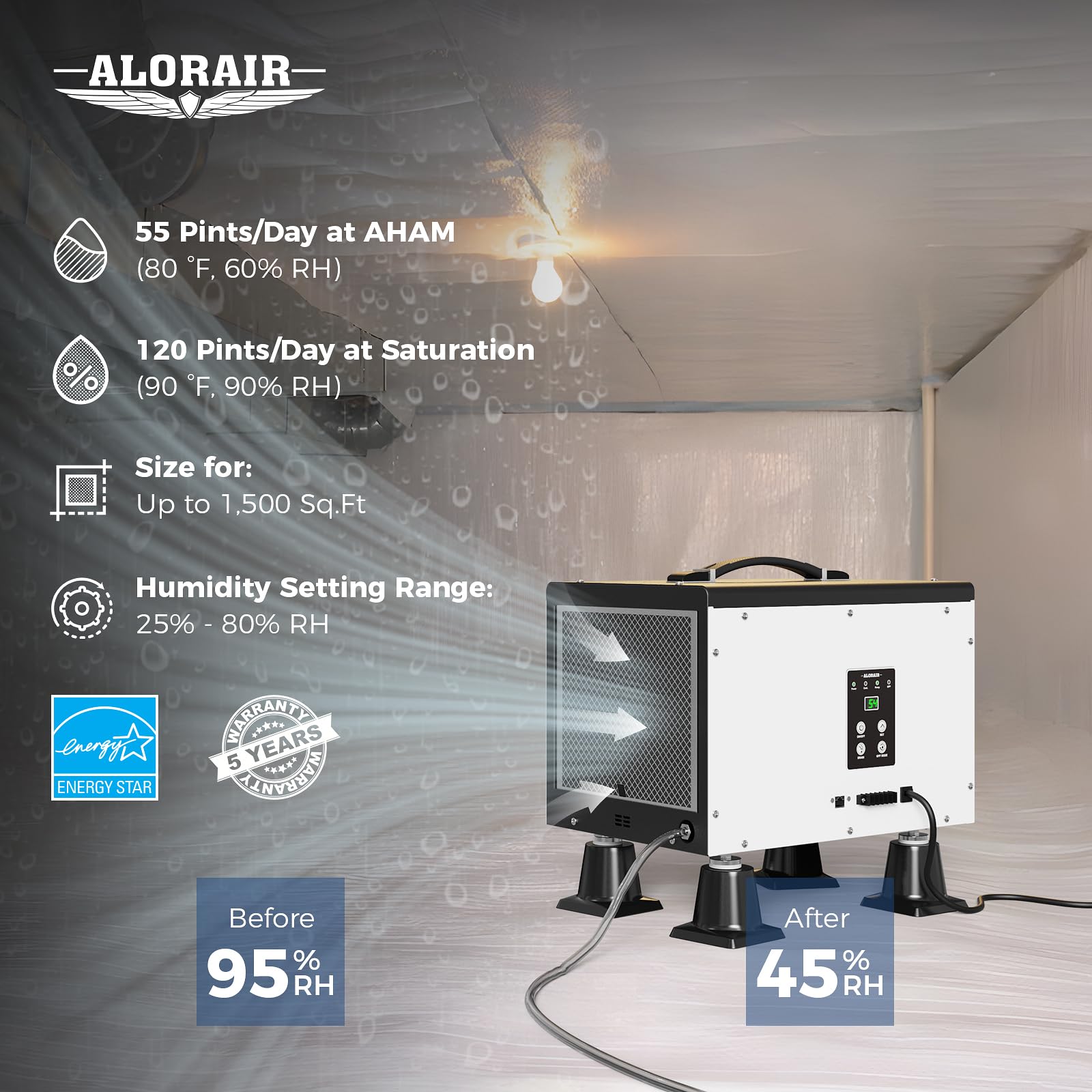 ALORAIR Crawl Space Dehumidifier, 120 PPD Energy Star Crawlspace Dehumidifiers with Drain Hose and Pump for Basement, Portable Compact Auto Defrost Under House Industry Commercial Dehumidifier