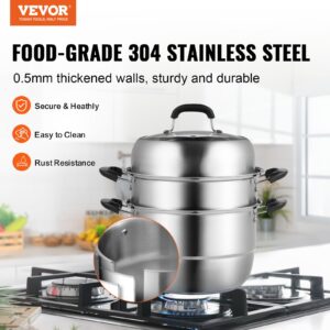 VEVOR Steamer Pot 11in/28cm, 3 Tier Steamer Pot for Cooking with 8.5QT Stock Pot, Vegetable Steamer & 2 Steaming Tray, Food-Grade 304 Stainless Steel Food Steamer Cookware for Gas Electric Stove Grill