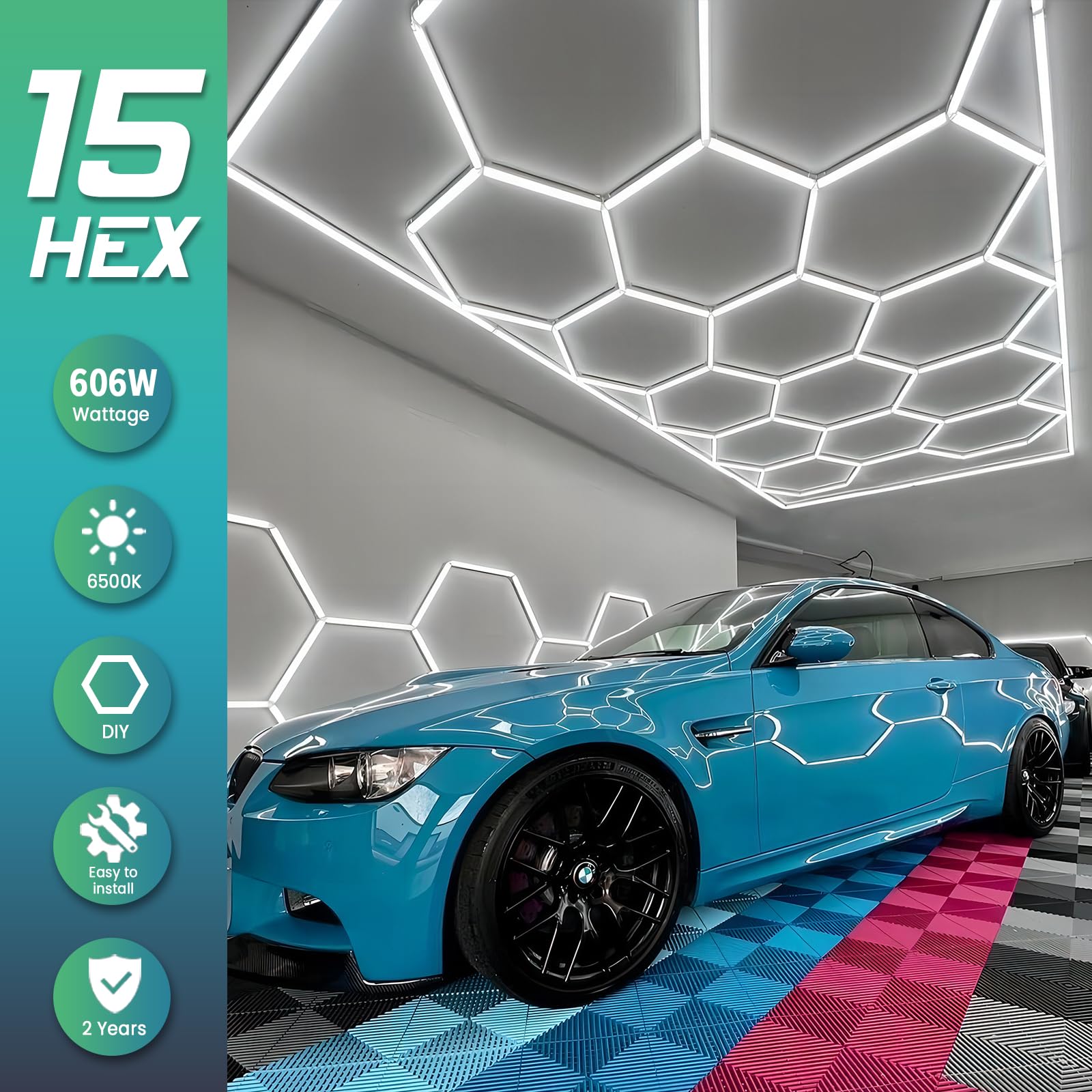 ALL4DETAIL LED Hexagon Garage Light, 6500K Honeycomb Light 15 Hexagonal Light with Rectangle Border for Garage Workshop Warehouse 60600LM,IP54,606W