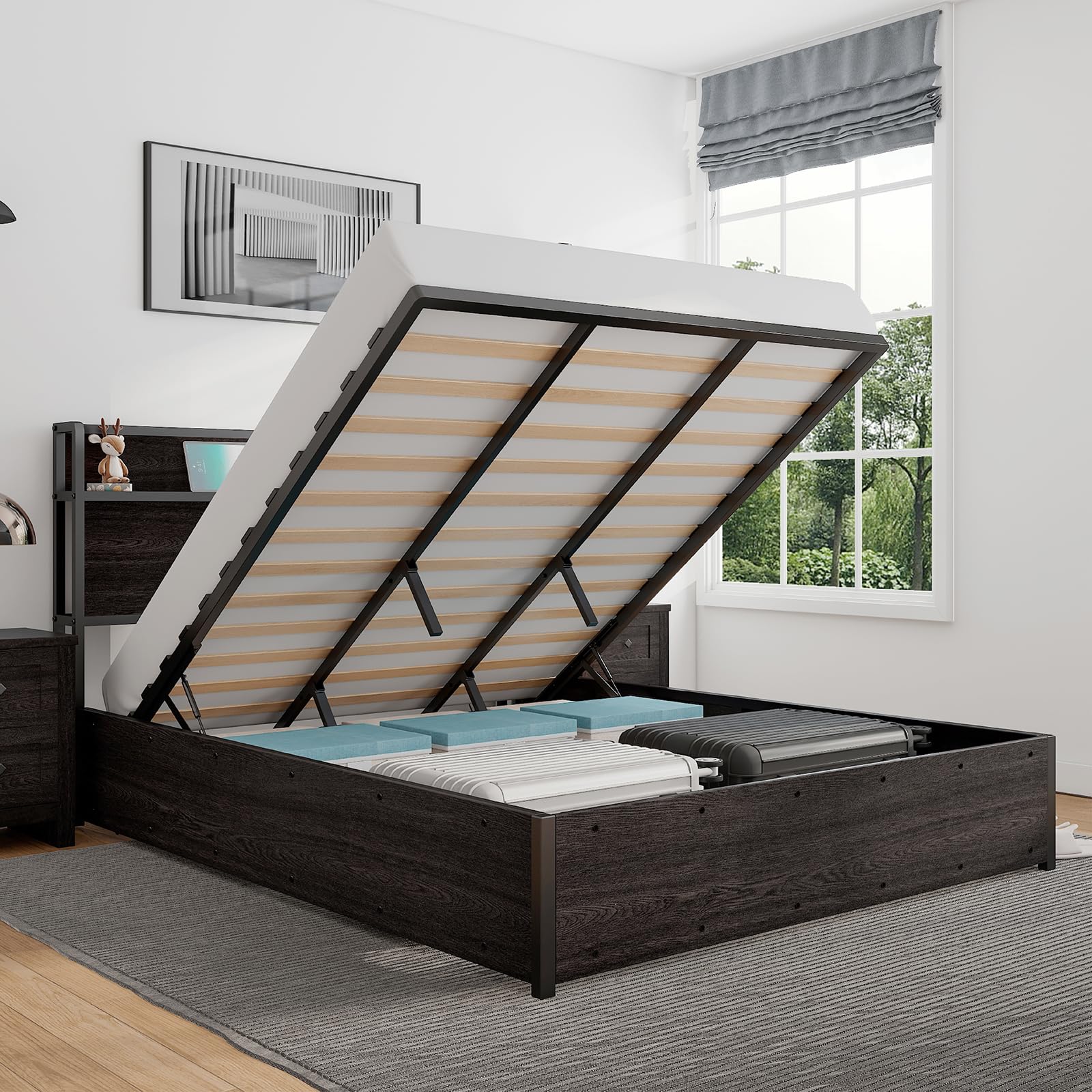 LUXOAK Queen Size Lift Up Storage Bed, Wood Platform Bed Frame with Storage Headboard & Charging Station, No Box Spring Needed, Easy Assembly, Black