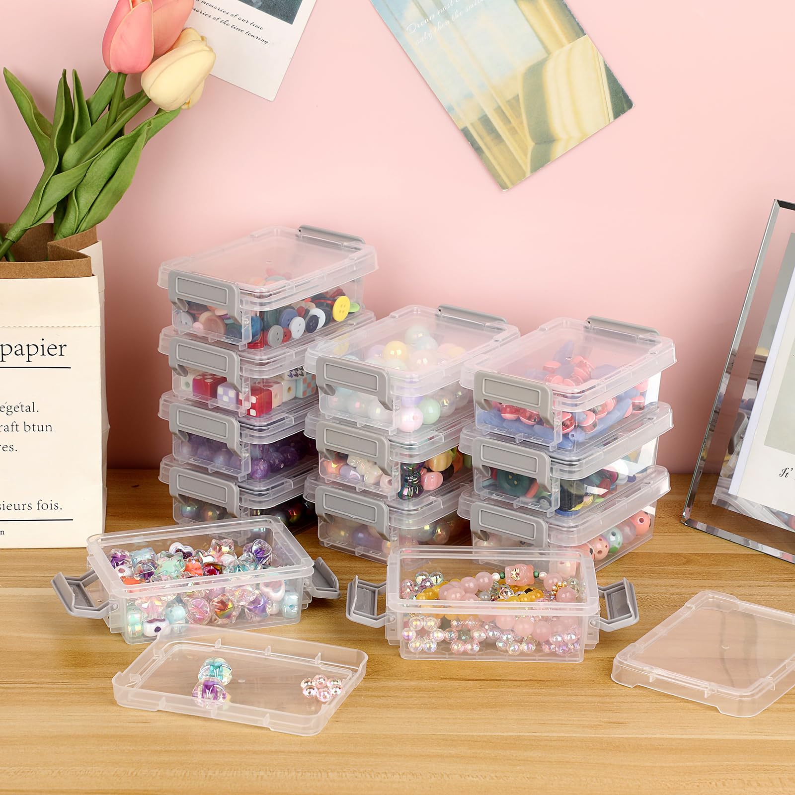 BTSKY 12 Pack Clear Plastic Bead Organizer, Small Storage Containers with lids, Stackable Mini Plastic Box with Grey Latch for Small Crafts Accessories Beads Jewelry Clips Candy, 4.7"L X 3.1"W X 1.8"H