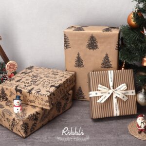 Ribbli 4 Rolls Gift-Wrapping Paper, Vintage Christmas Style, 30x120 inch(10ft) Per Roll, 100 Sq Ft Total, Brown Kraft Paper with Black Pattern