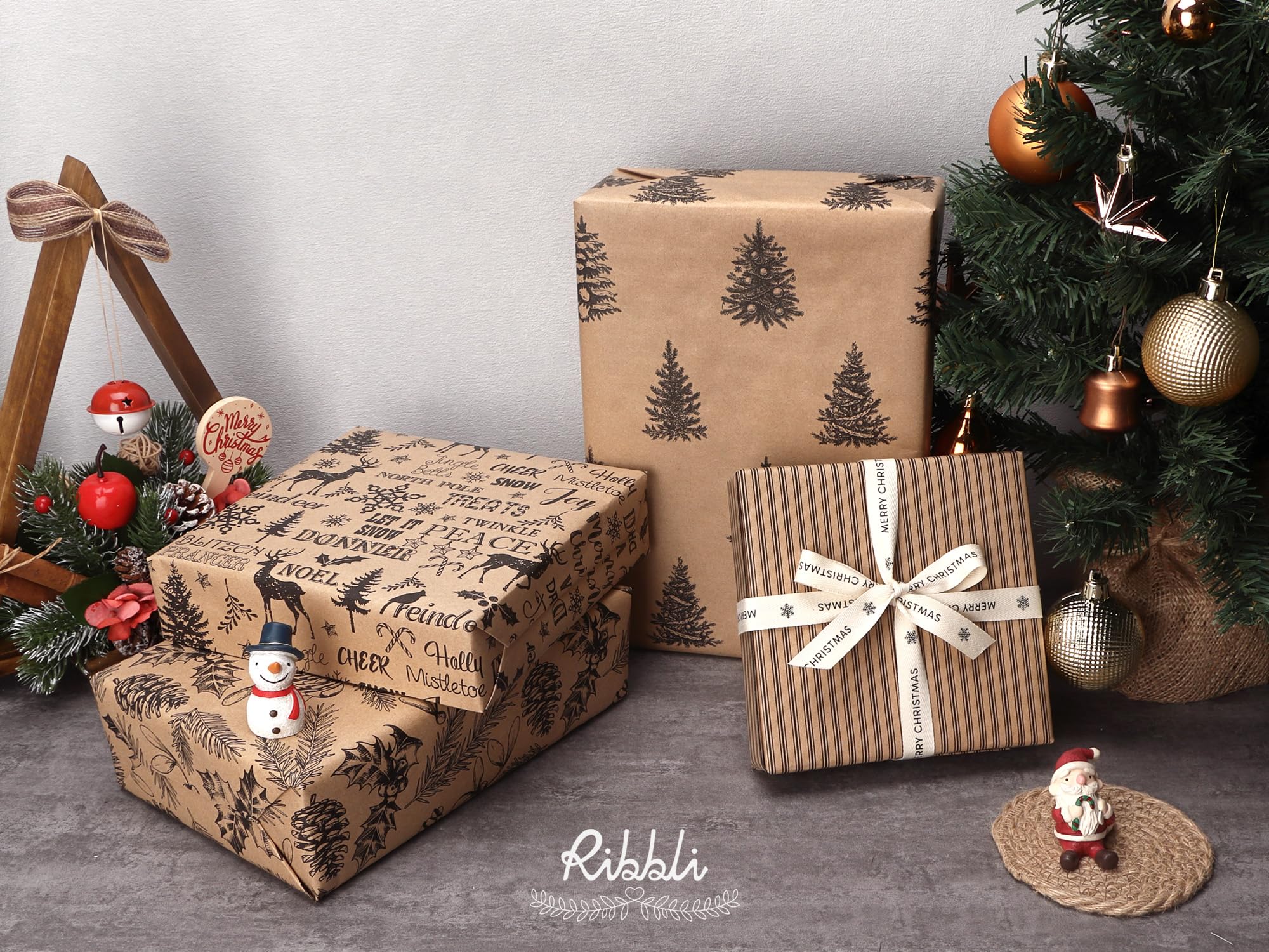 Ribbli 4 Rolls Gift-Wrapping Paper, Vintage Christmas Style, 30x120 inch(10ft) Per Roll, 100 Sq Ft Total, Brown Kraft Paper with Black Pattern