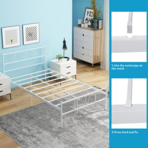 wOod-it Twin Bed Frame with Headboard - 12.8 Inch Metal Platform, Noise-Free Heavy-Duty Steel Slat Mattress Foundation, No Box Spring Required - White