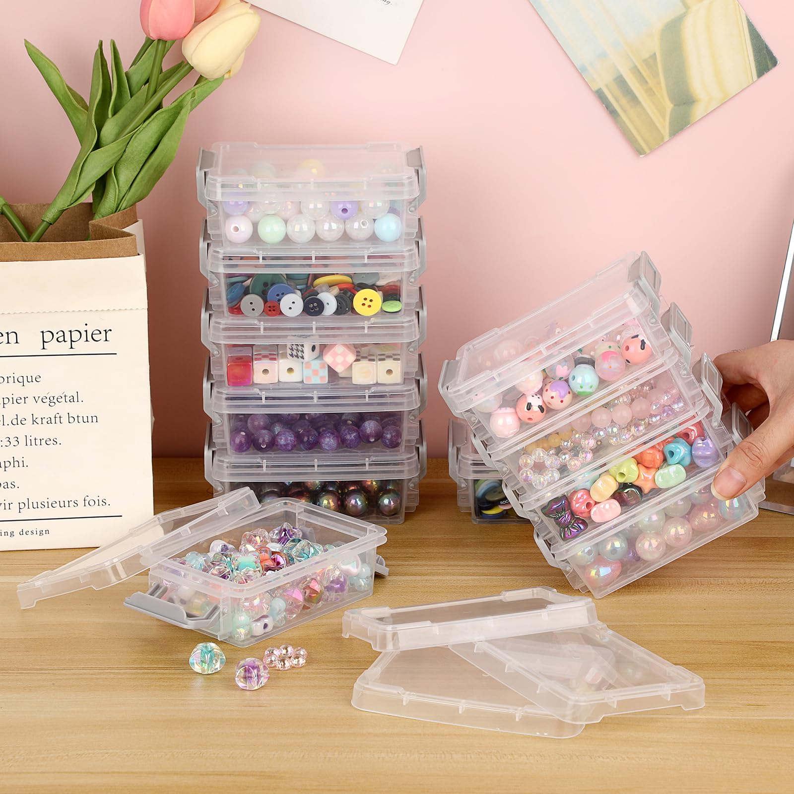 BTSKY 12 Pack Clear Plastic Bead Organizer, Small Storage Containers with lids, Stackable Mini Plastic Box with Grey Latch for Small Crafts Accessories Beads Jewelry Clips Candy, 4.7"L X 3.1"W X 1.8"H