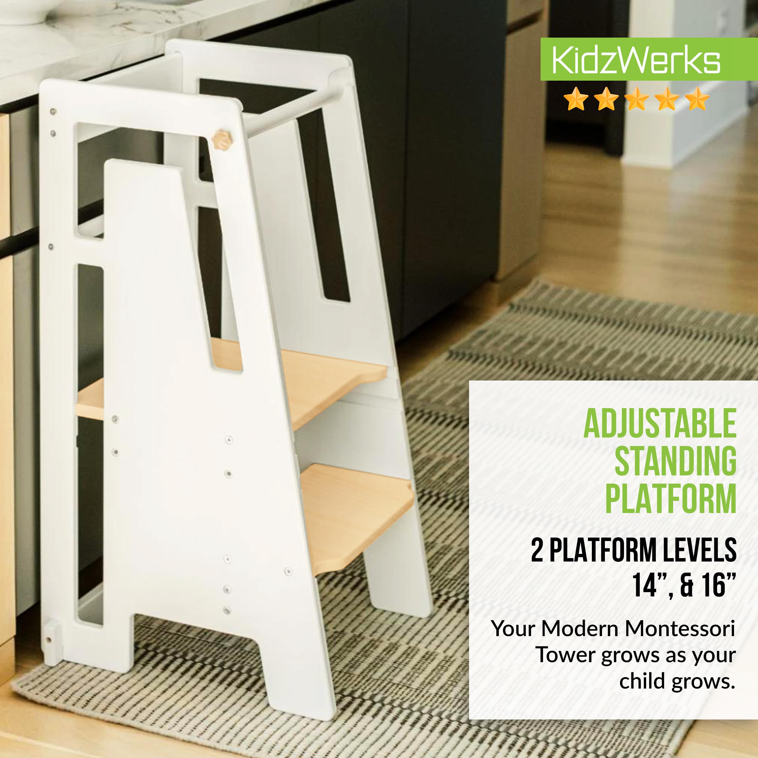 KidzWerks Modern Toddler Tower, Montessori Kitchen Step Stool, Sleek Modern Design Adjustable Standing Platform for Kitchen Counter - White/Wood Modern Standing Tower