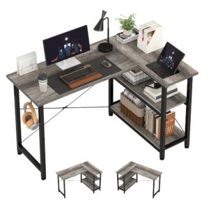 cotublr l shaped computer desk, 47 inch small corner desk with storage shelves, computer desk table laptop table writing desk study table for home office workstation small spaces (grey oak)