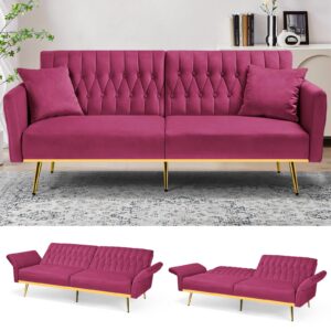 lesofair 70" velvet futon with adjustable backrest and armrests, sofa bed with with extra pillows for waiting room, living room and office, fuchsia