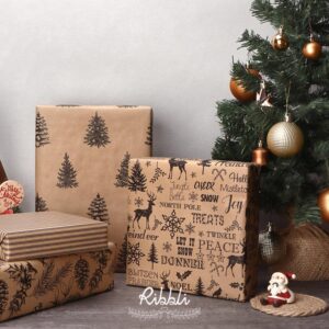 Ribbli 4 Rolls Gift-Wrapping Paper, Vintage Christmas Style, 30x120 inch(10ft) Per Roll, 100 Sq Ft Total, Brown Kraft Paper with Black Pattern