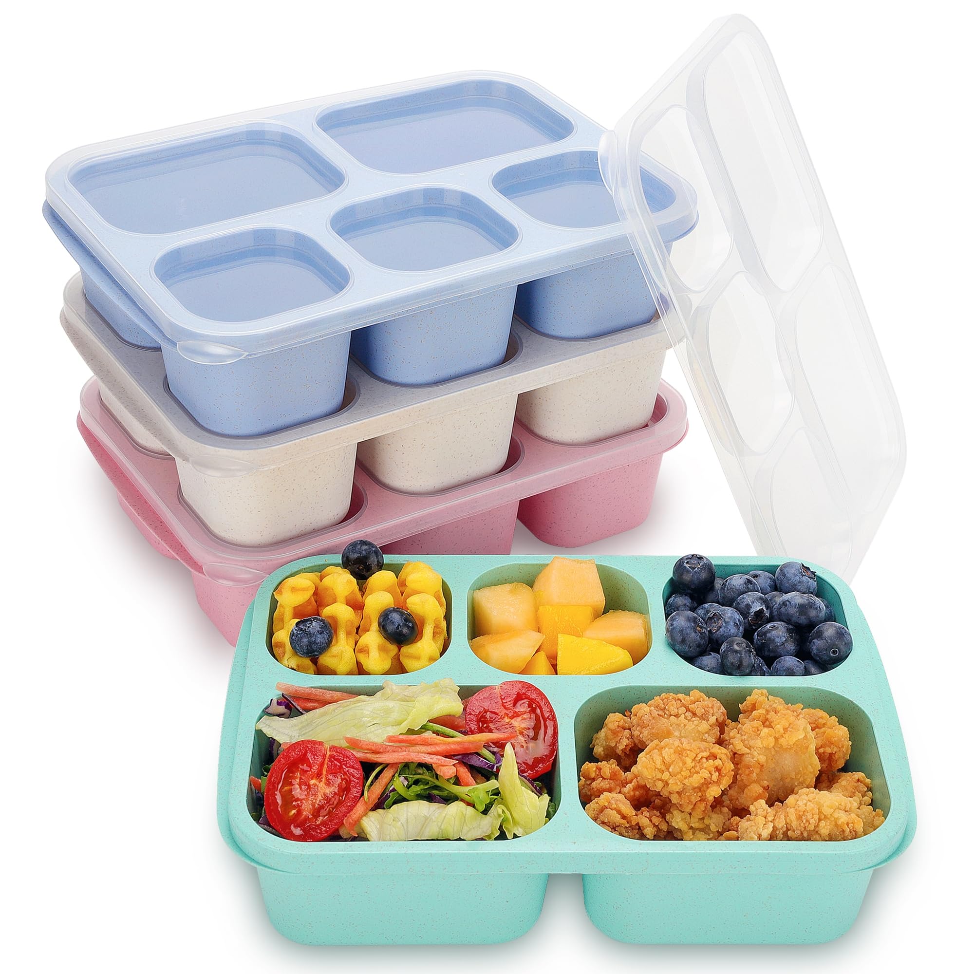 Bento Box Adult Lunch Box, 4 Pack Lunchable Containers for Adults with 5 Compartments, Meal Prep Containers Reusable for Kids, Food Storage Snack Containers for School, Work, Travel