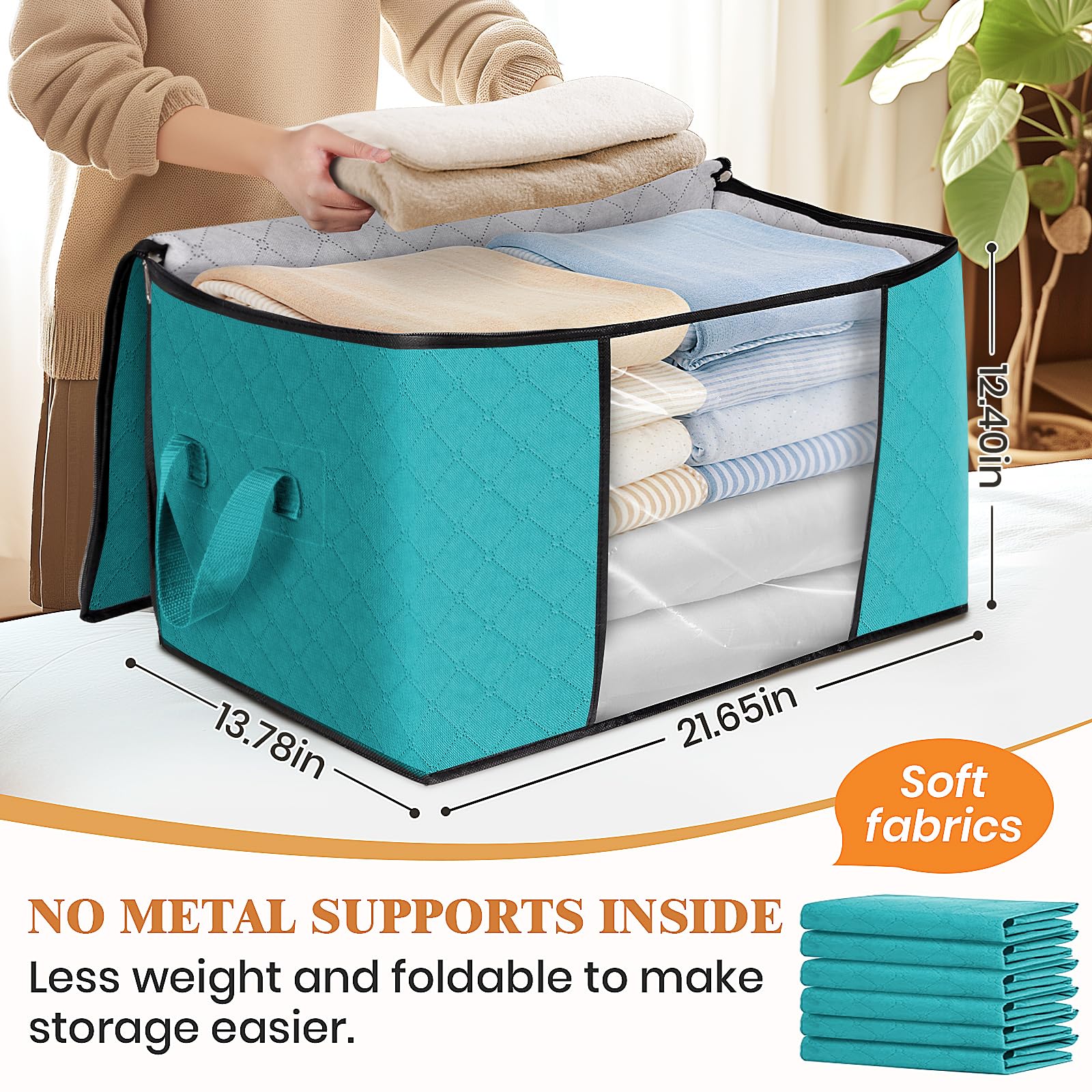 Fab totes 2 Pack Clothes Storage, Foldable Blanket Storage Bags, Storage Containers for Organizing Bedroom, Closet, Clothing, Comforter, Organization and Storage with Lids and Handle, Green