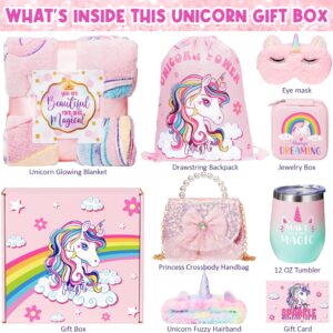 Trabuono Birthday Gift for Girls Age 6-8, Unicorn Toys for Girl Basket for 4 5 6 7 8 9 10 11 12 Year Old Kids Tween with Glow in The Dark Blanket Crossbody Bag Purse Cup Jewelry Box