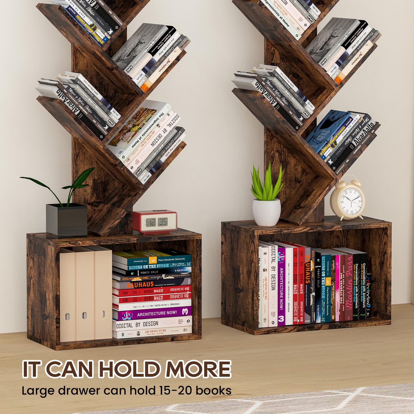 Art-GIFTREE Wood Tree Bookshelf 6 Tier, Sturdy Retro Floor Standing Bookcase, Storage Rack for Home Office, Bedroom, Living Room, Reading Spot, Heavy Book Organizer Shelves for CDs/DVDs/Movies