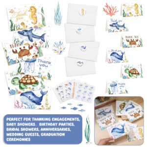 Jetec 48 Sets Sea Animal Thank You Cards Baby Shower Thank You Cards with Envelopes and Stickers Whale Crab Shark Turtle Ocean Creatures Note Cards for Summer Baby Bridal Shower Wedding, 4 x 6 Inch