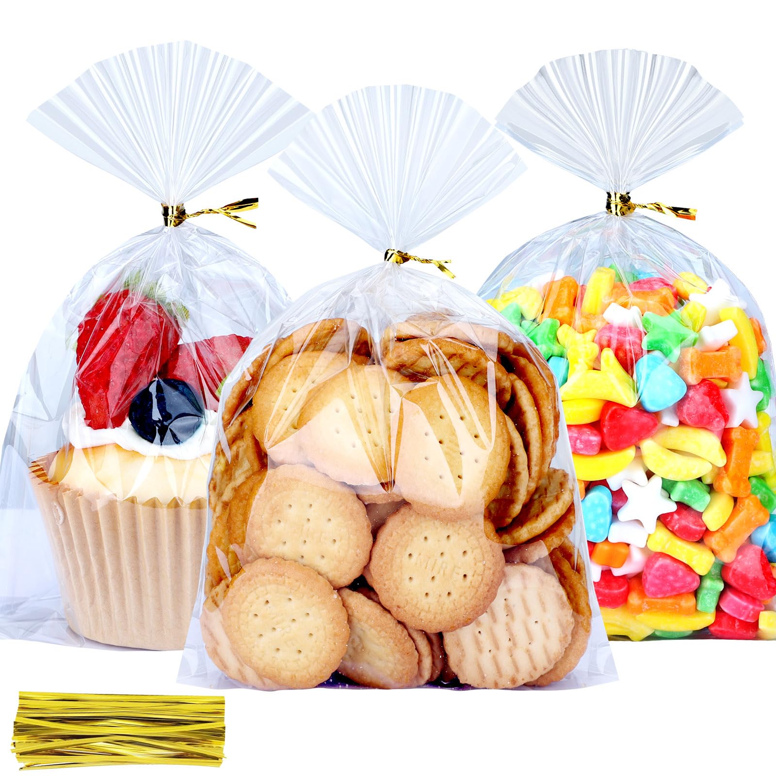 MORIDA 200pcs 5X7 inch Cellophane Bags Cellophane Treat Bags Clear Gift Bags Cake Pop Bags Candy Bags Cello Bags for Party Favors Goodie Favor Bakery Cookie with 5" Twist Ties