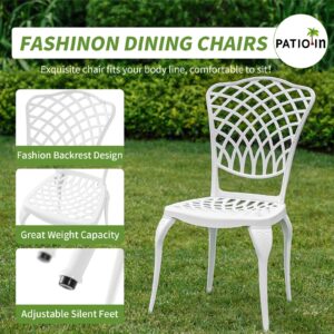 PATIO-IN 3 Piece Outdoor Bistro Set, Cast Aluminum Outdoor Bistro Table and Chairs Set of 2, Rust-Resistant Patio Furniture Set, White Bistro Set 3 Piece Outdoor for Garden, Backyard, Balcony