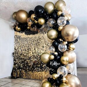 RUBFAC 65pcs 12 Inches Black Gold Balloons Kit, Black and Gold Confetti Balloons with Ribbons for Birthday, Wedding, Baby Shower, Graduation Decorations