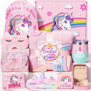 trabuono birthday gift for girls age 6-8, unicorn toys for girl basket for 4 5 6 7 8 9 10 11 12 year old kids tween with glow in the dark blanket crossbody bag purse cup jewelry box