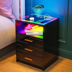 lvifur led nightstand with wireless charging station and 24 color dimmable auto sensor for bedroom furniture,rgb touch screen night stand with usb&type-c ports and 3 drawers(high gloss black)