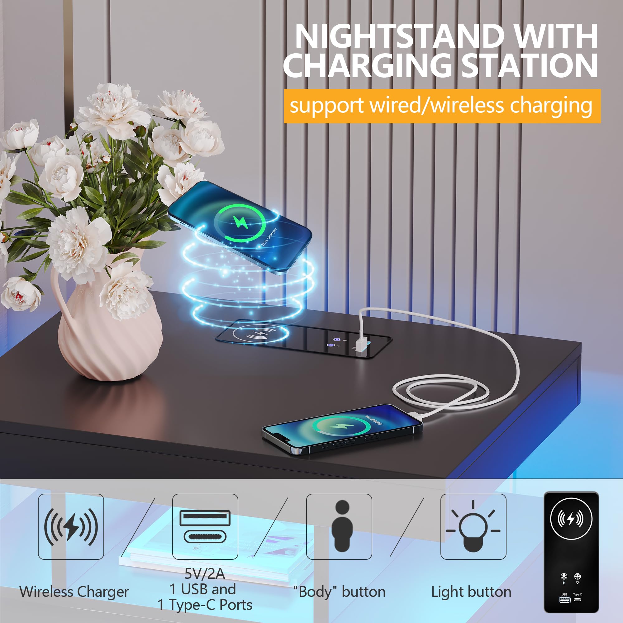 dnbss Nightstand with Charging Station and LED Light, Modern Night Stand with 2 Drawers, Smart Nightstand with USB Ports and Wireless Charger, Bedside Table for Bedroom, Black