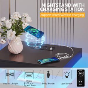 dnbss Nightstand with Charging Station and LED Light, Modern Night Stand with 2 Drawers, Smart Nightstand with USB Ports and Wireless Charger, Bedside Table for Bedroom, Black