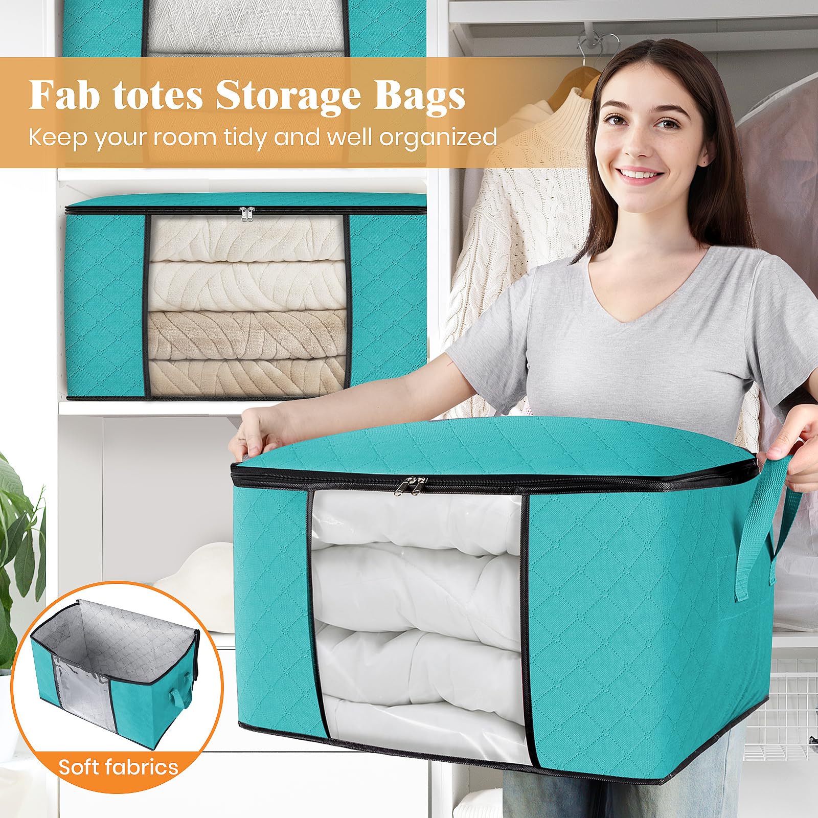 Fab totes 2 Pack Clothes Storage, Foldable Blanket Storage Bags, Storage Containers for Organizing Bedroom, Closet, Clothing, Comforter, Organization and Storage with Lids and Handle, Green