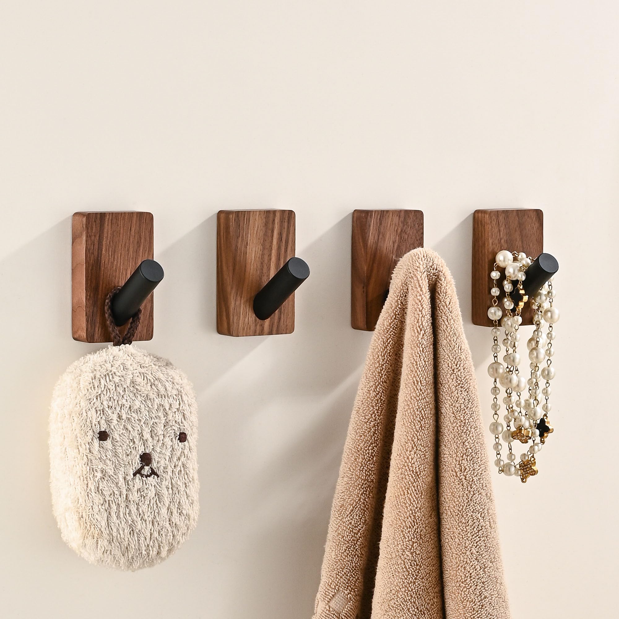 LECHYN 4 Pack Wooden Wall Hooks for Hanging, Adhesive Mounted & Wall Mount Boho Decorative Walnut Wood Coat Hooks for Towel Clothes Blanket Hat Backpack Robe Nursery Door Board Entryway Key Holder