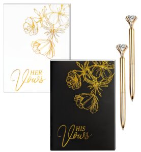 2 pcs set of vow books - white and black, his and hers, with elegant diamond pens, the perfect bride and groom gift, for their wedding day