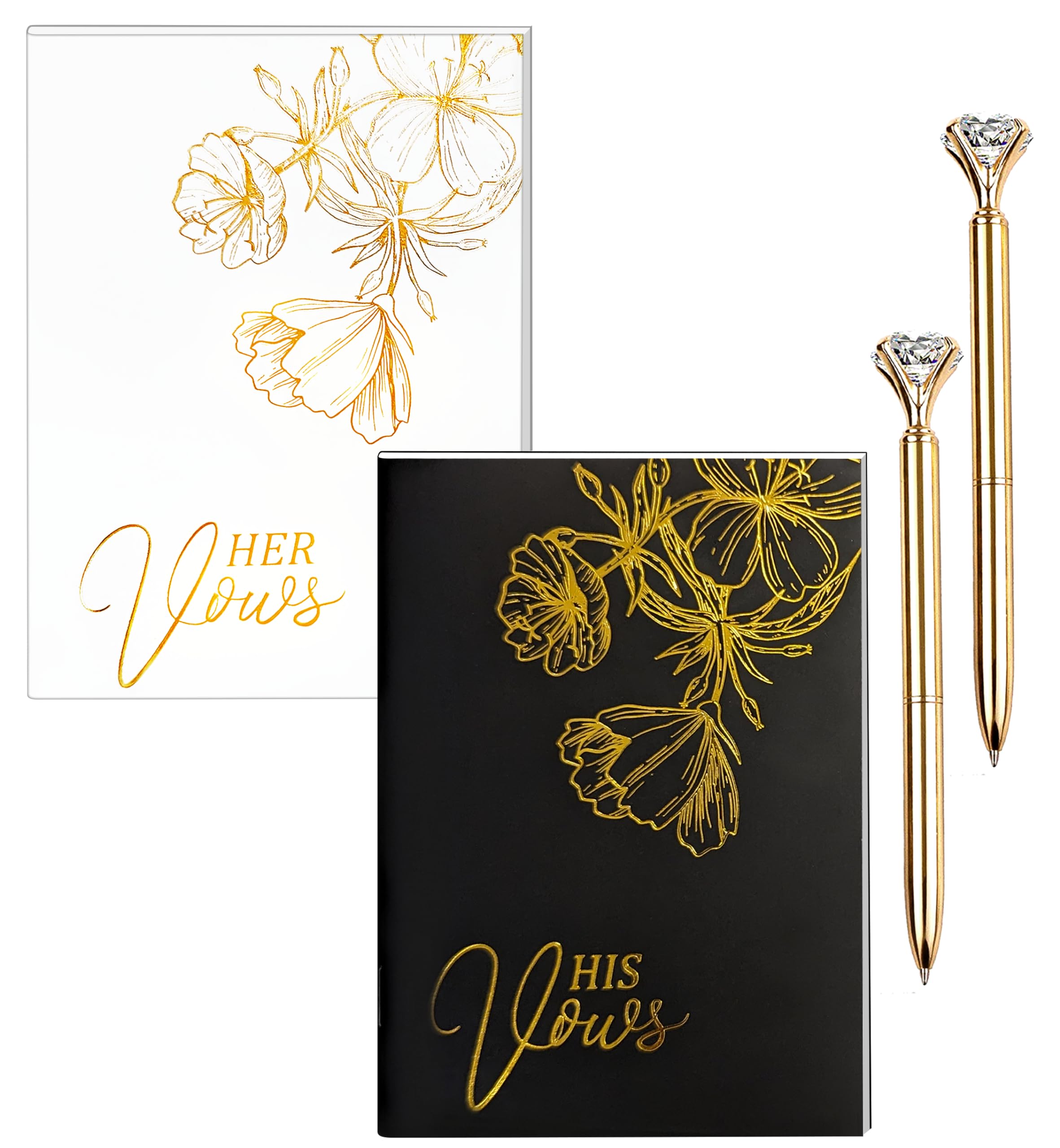 2 PCS Set of Vow Books - White and Black, His and Hers, with elegant Diamond Pens, The Perfect Bride and Groom Gift, for their Wedding Day