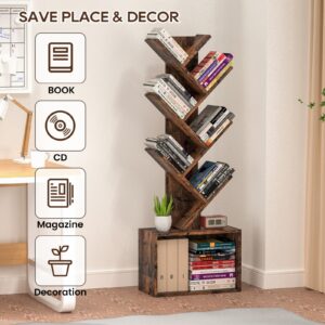 Art-GIFTREE Wood Tree Bookshelf 6 Tier, Sturdy Retro Floor Standing Bookcase, Storage Rack for Home Office, Bedroom, Living Room, Reading Spot, Heavy Book Organizer Shelves for CDs/DVDs/Movies