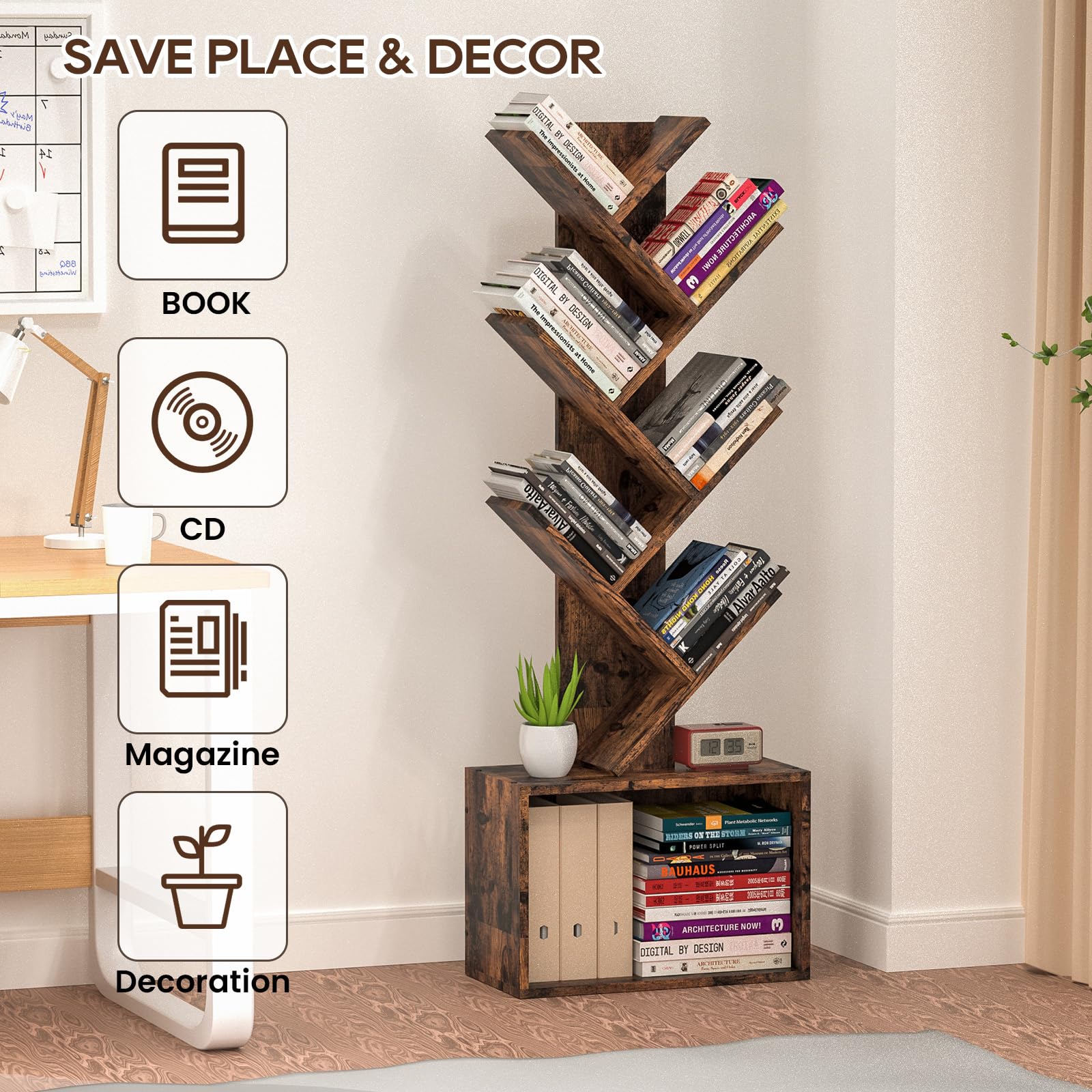 Art-GIFTREE Wood Tree Bookshelf 6 Tier, Sturdy Retro Floor Standing Bookcase, Storage Rack for Home Office, Bedroom, Living Room, Reading Spot, Heavy Book Organizer Shelves for CDs/DVDs/Movies