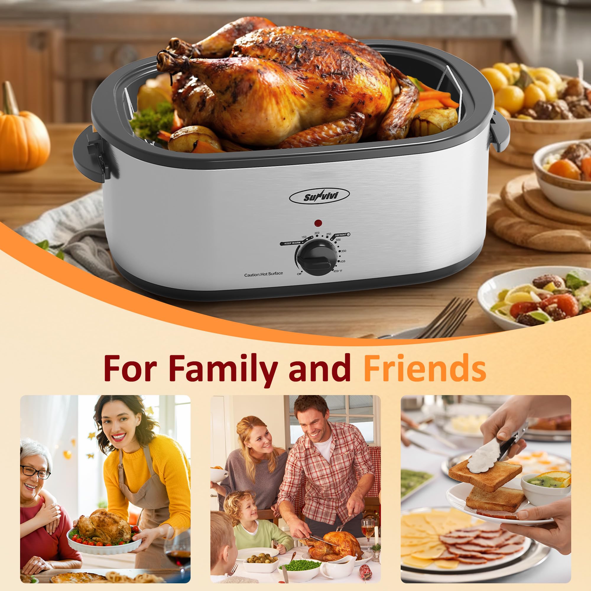 Sunvivi Electric Roaster Oven with Visible Self-Basting Lid, 24 Quart Turkey Roaster Oven with Removable Pan and Rack,Stainless Steel,Silver