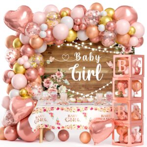 winrayk floral baby shower decorations for girl, baby boxes with letters, rose gold pink balloon arch backdrop tablecloth heart foil balloon, birthday party decor girl baby shower decorations