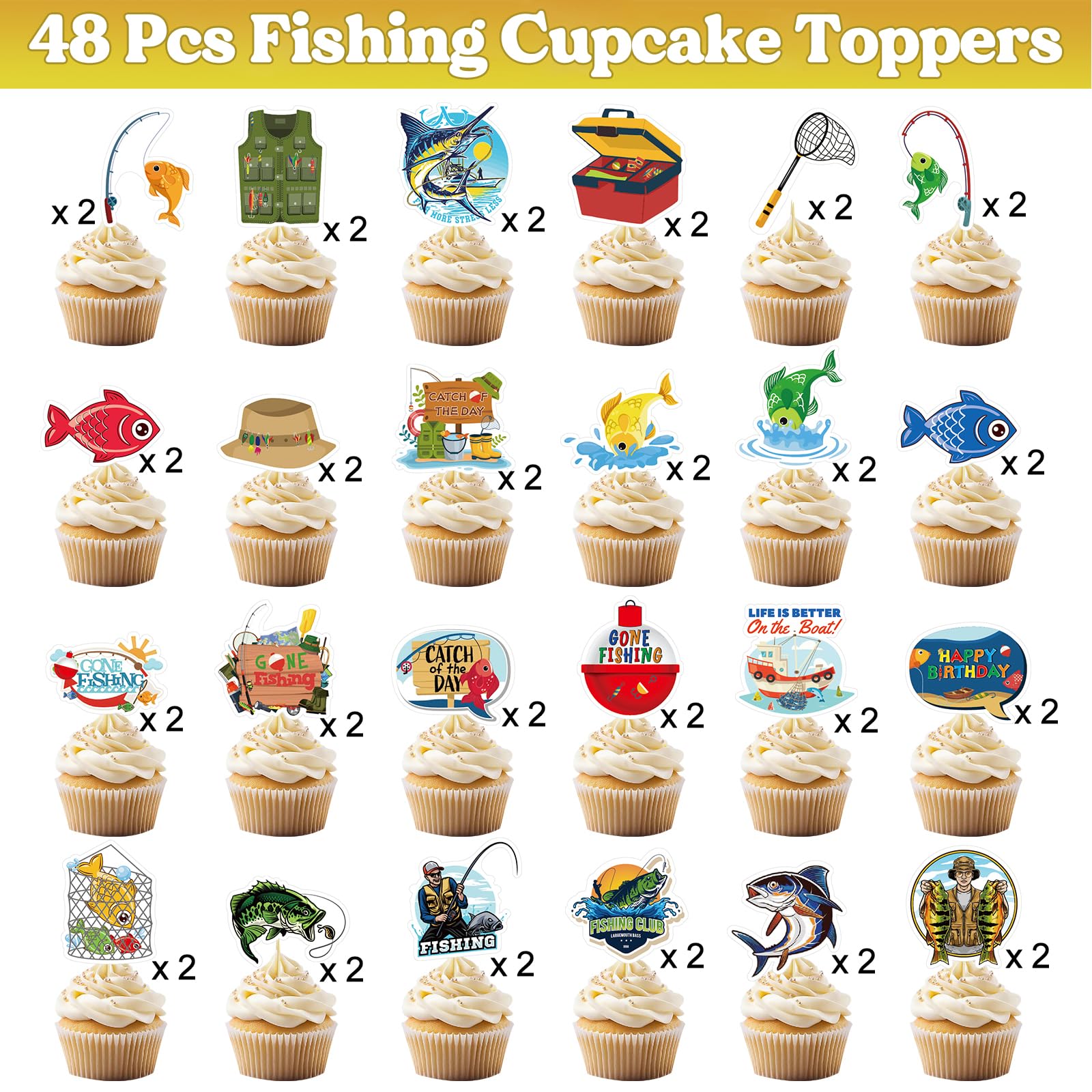 Plorbach 48 Pcs Fishing Cupcake Toppers, Upgrade Designed Fishing Birthday Party Cupcake Picks Decorations Gone Fishing Party Supplies For Men Boy fisherman Birthday Fishing Themed Party