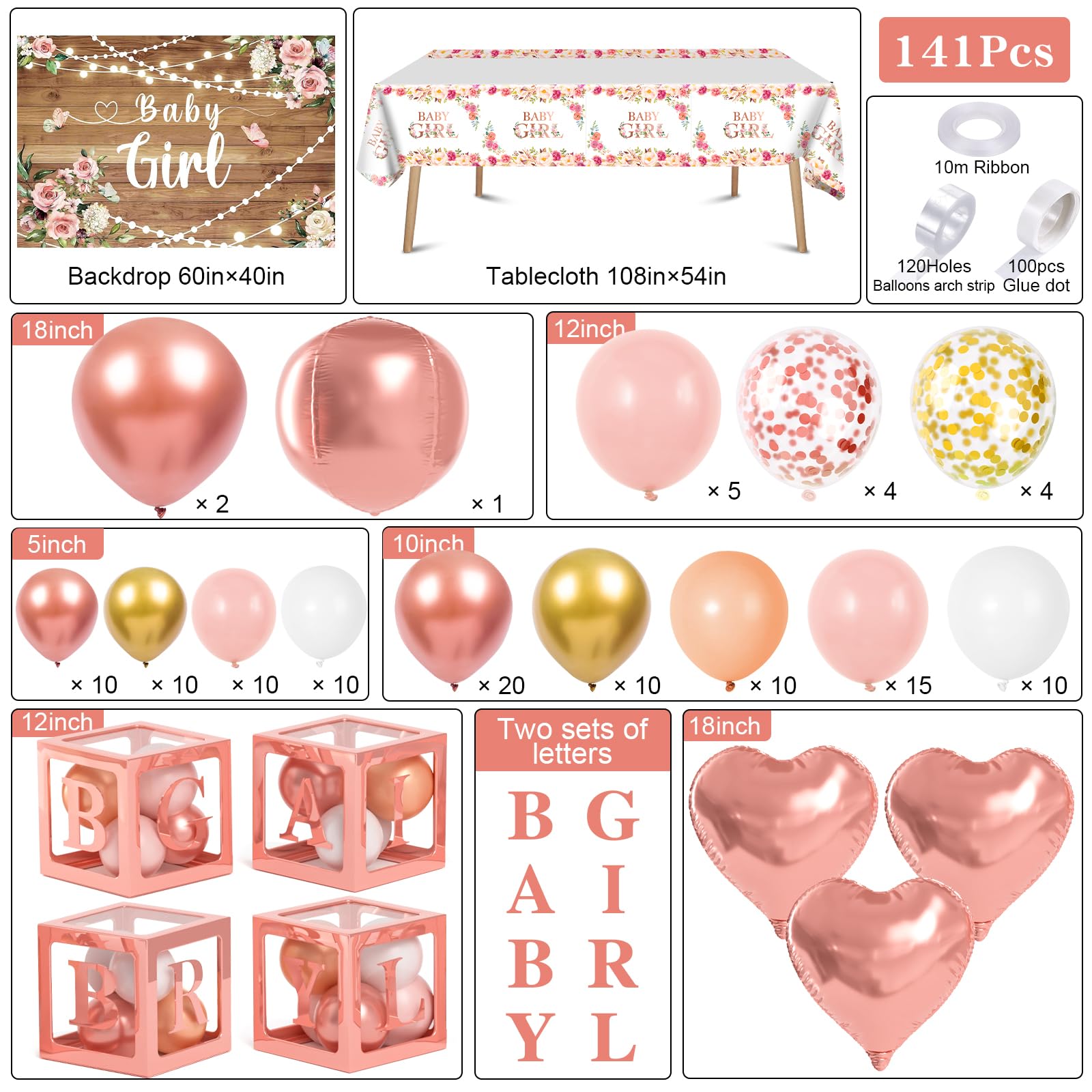 Winrayk Floral Baby Shower Decorations for Girl, Baby Boxes with Letters, Rose Gold Pink Balloon Arch Backdrop Tablecloth Heart Foil Balloon, Birthday Party Decor Girl Baby Shower Decorations