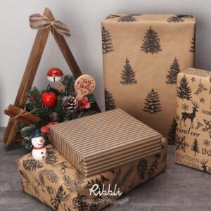 Ribbli 4 Rolls Gift-Wrapping Paper, Vintage Christmas Style, 30x120 inch(10ft) Per Roll, 100 Sq Ft Total, Brown Kraft Paper with Black Pattern