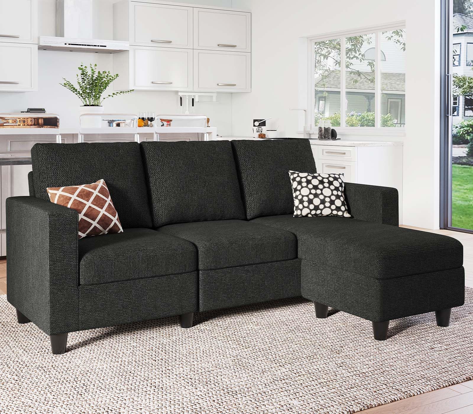 Belffin L Shaped Couch, Convertible Sectional Sofa with Linen Fabric, Modern Couch with Reversible Chaise for Living Room and Small Space, Dark Grey