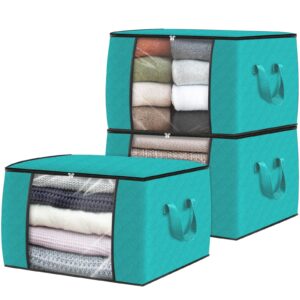 fab totes 3 pack clothes storage, foldable blanket storage bags, storage containers for organizing bedroom, closet, clothing, comforter, organization and storage with lids and handle, green